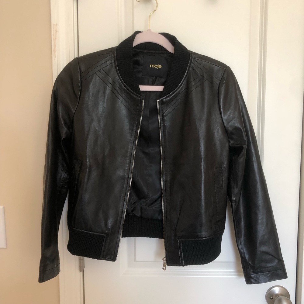 Maje Black Leather Bomber Jacket 100% sheepskin